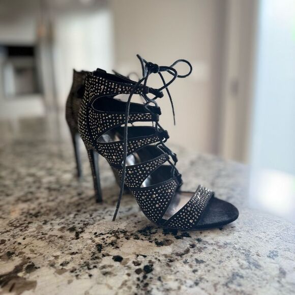 Steve Madden Black Studded Lace-Up Heels - Picture 5 of 5